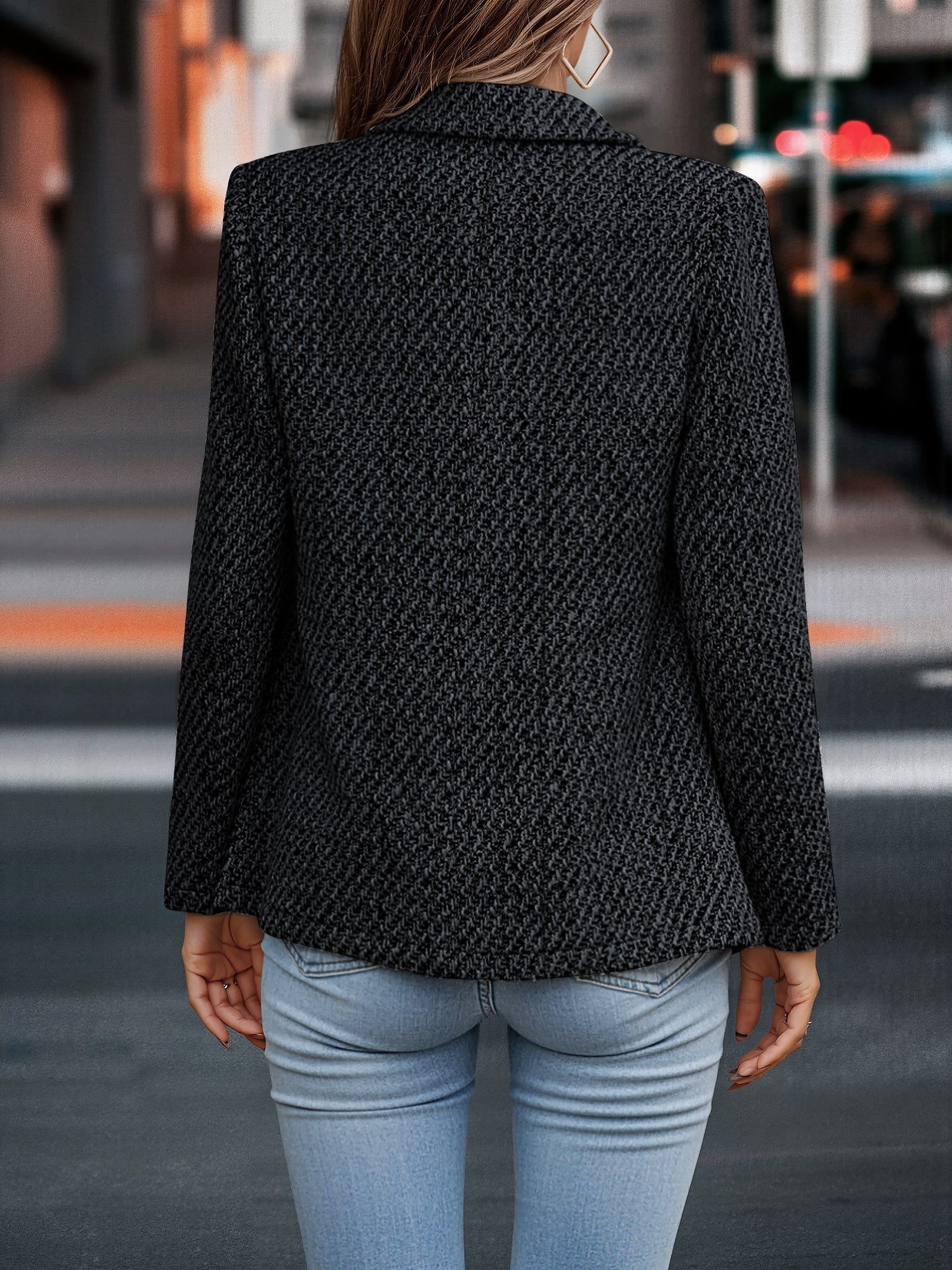 Classic Tailored Tweed Notched Lapel Double Breasted Work Blazer