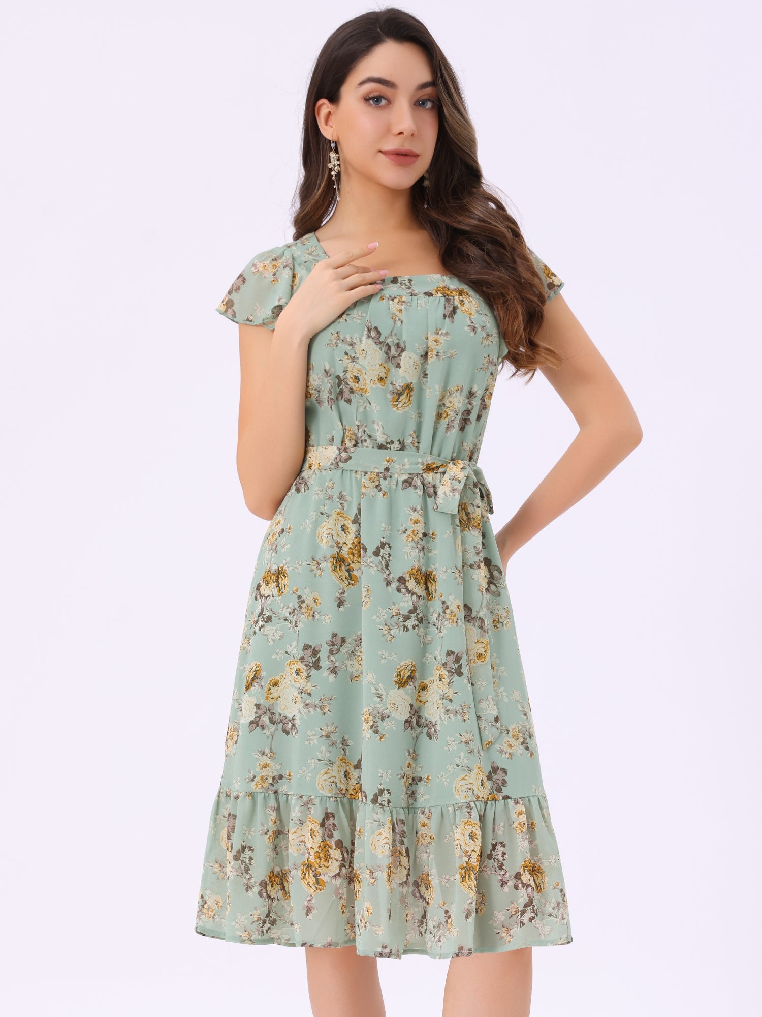 Floral Chiffon Flutter Sleeve Belted Square Neck Ruffled Hem Dress