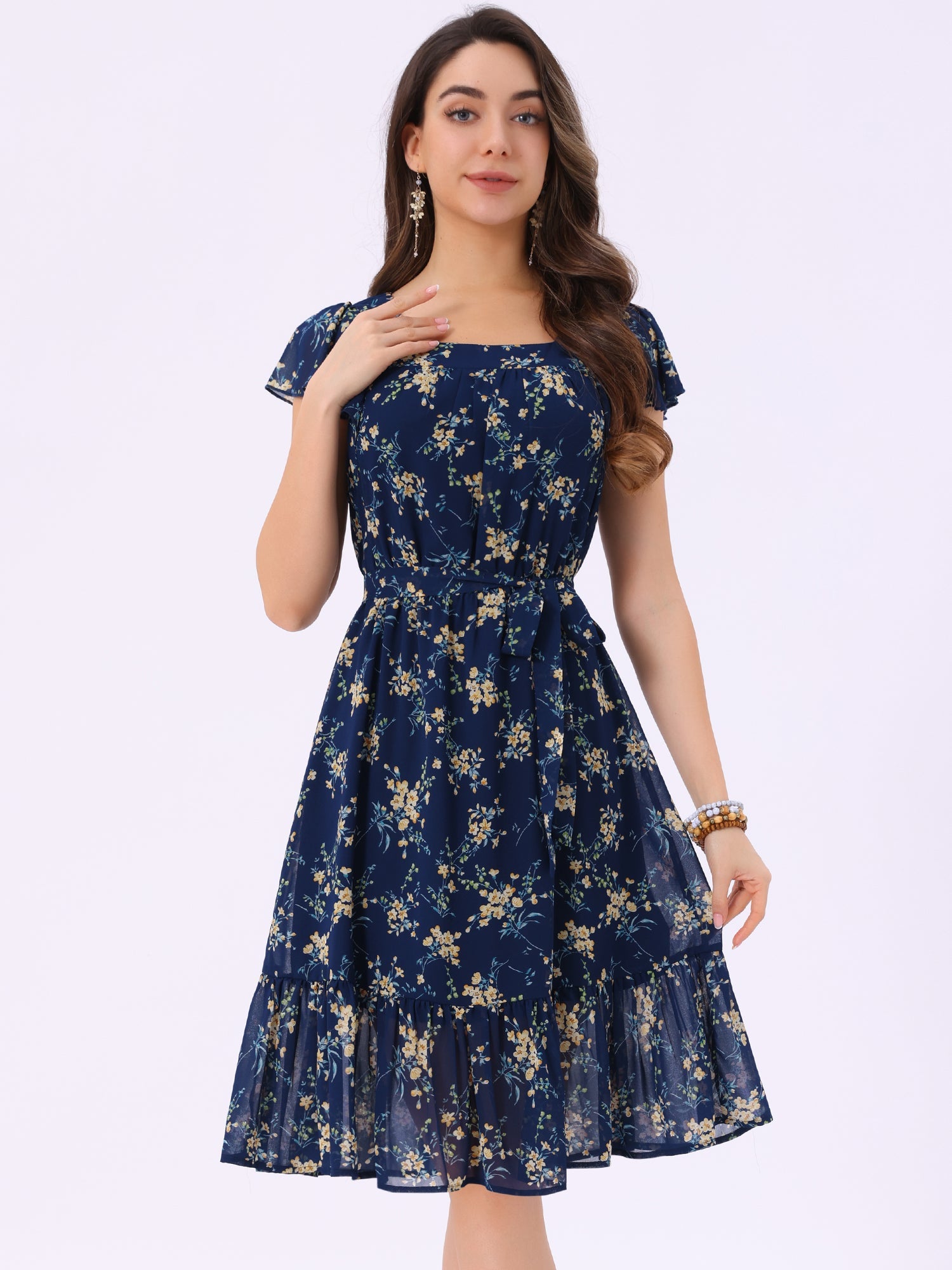 Floral Chiffon Flutter Sleeve Belted Square Neck Ruffled Hem Dress
