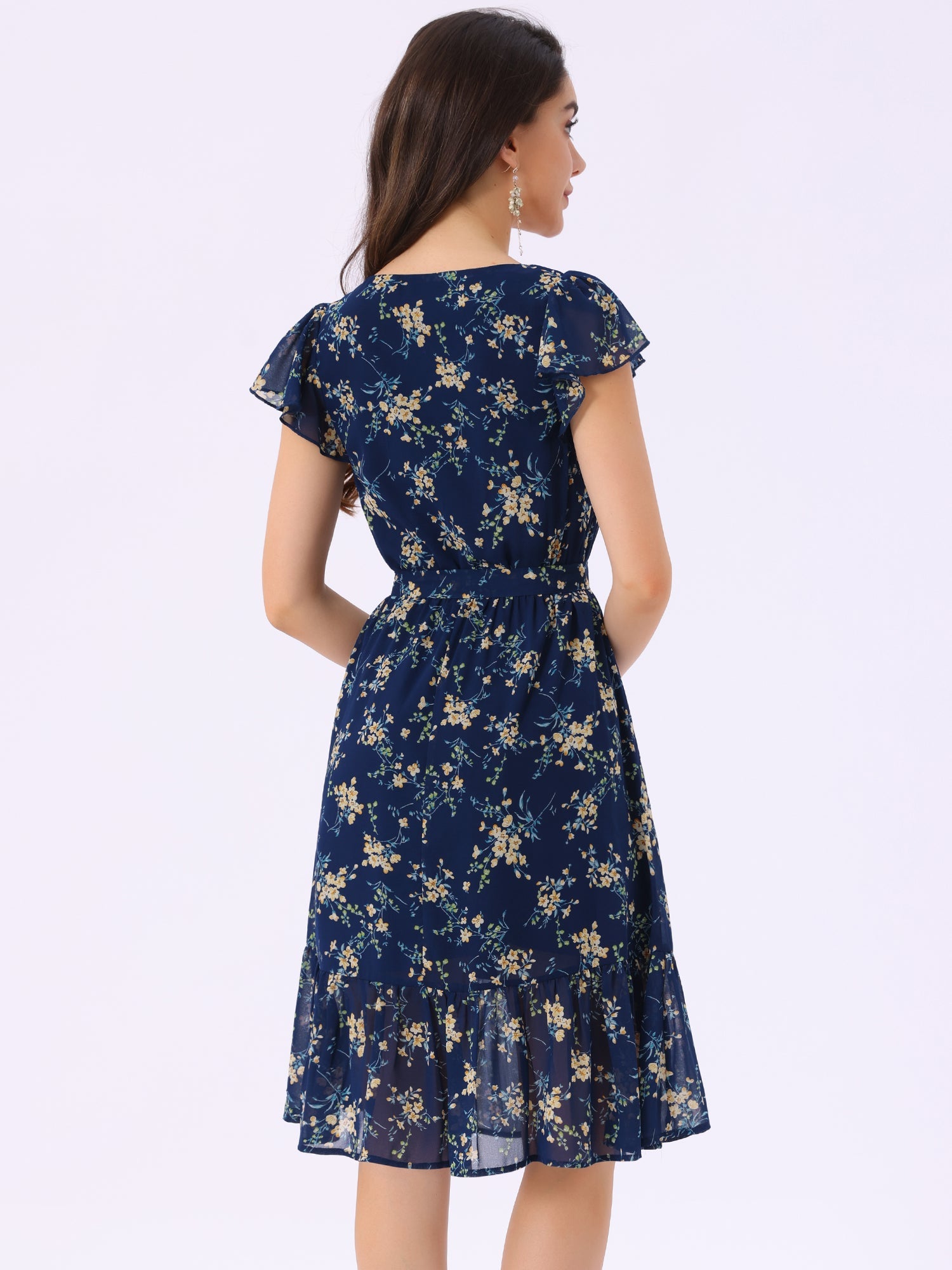 Floral Chiffon Flutter Sleeve Belted Square Neck Ruffled Hem Dress