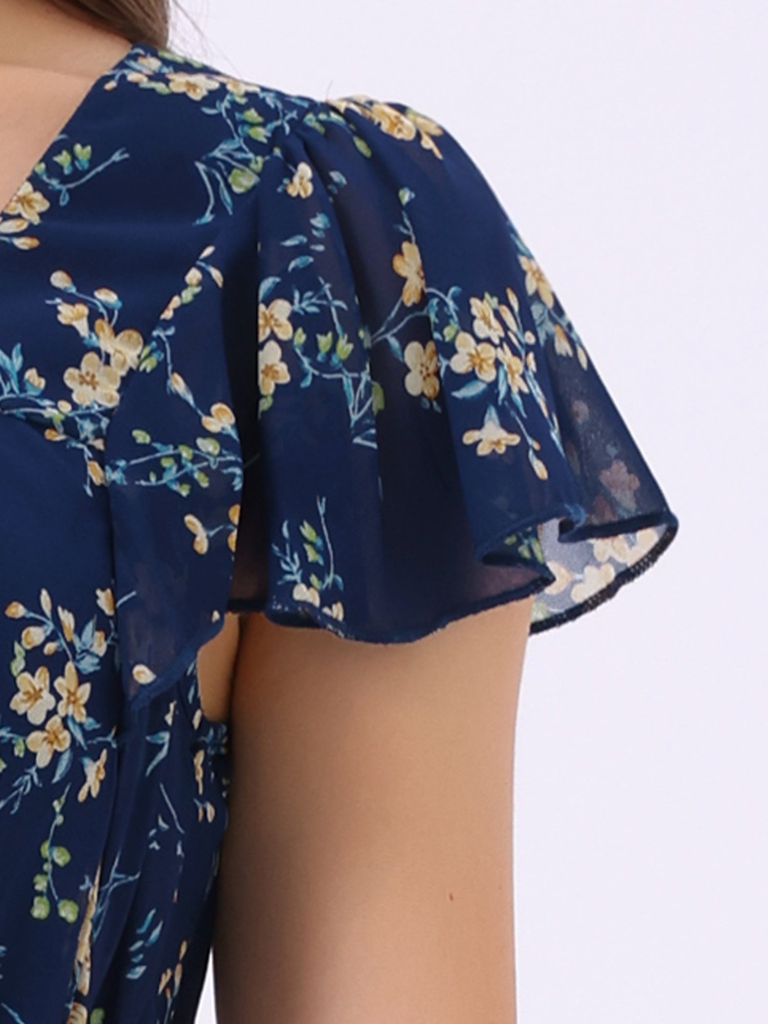 Floral Chiffon Flutter Sleeve Belted Square Neck Ruffled Hem Dress