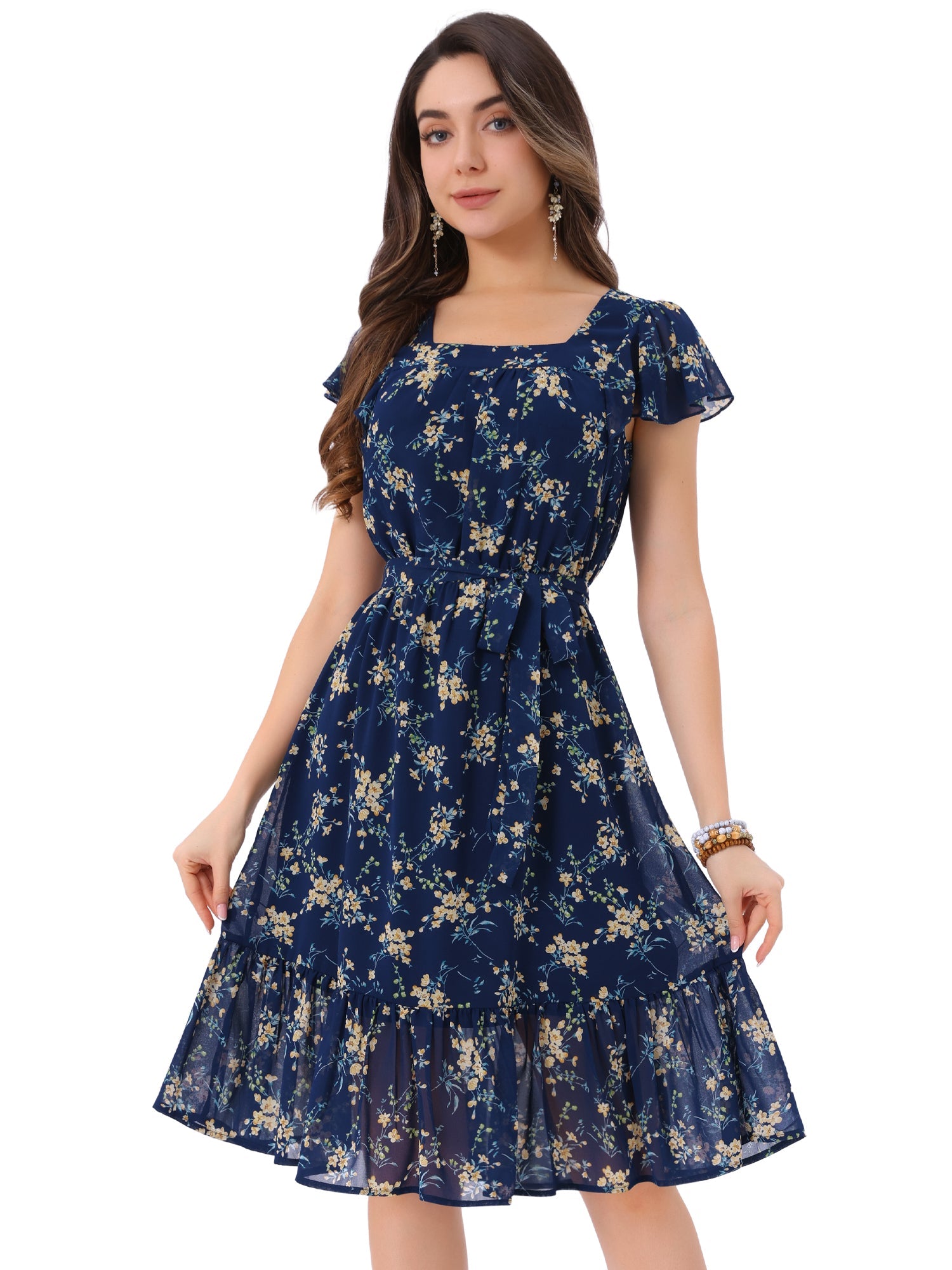 Floral Chiffon Flutter Sleeve Belted Square Neck Ruffled Hem Dress