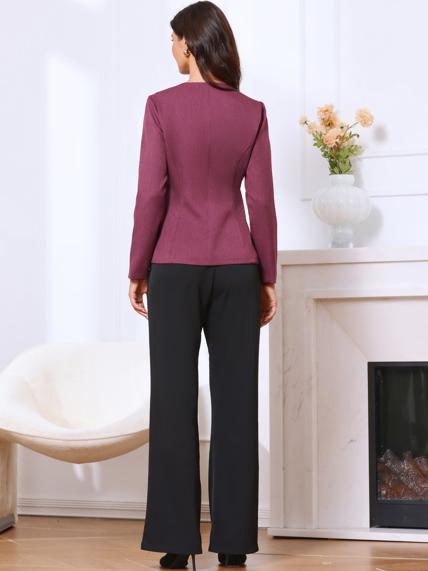 Collarless Button Down Long Sleeve Peplum Jackets