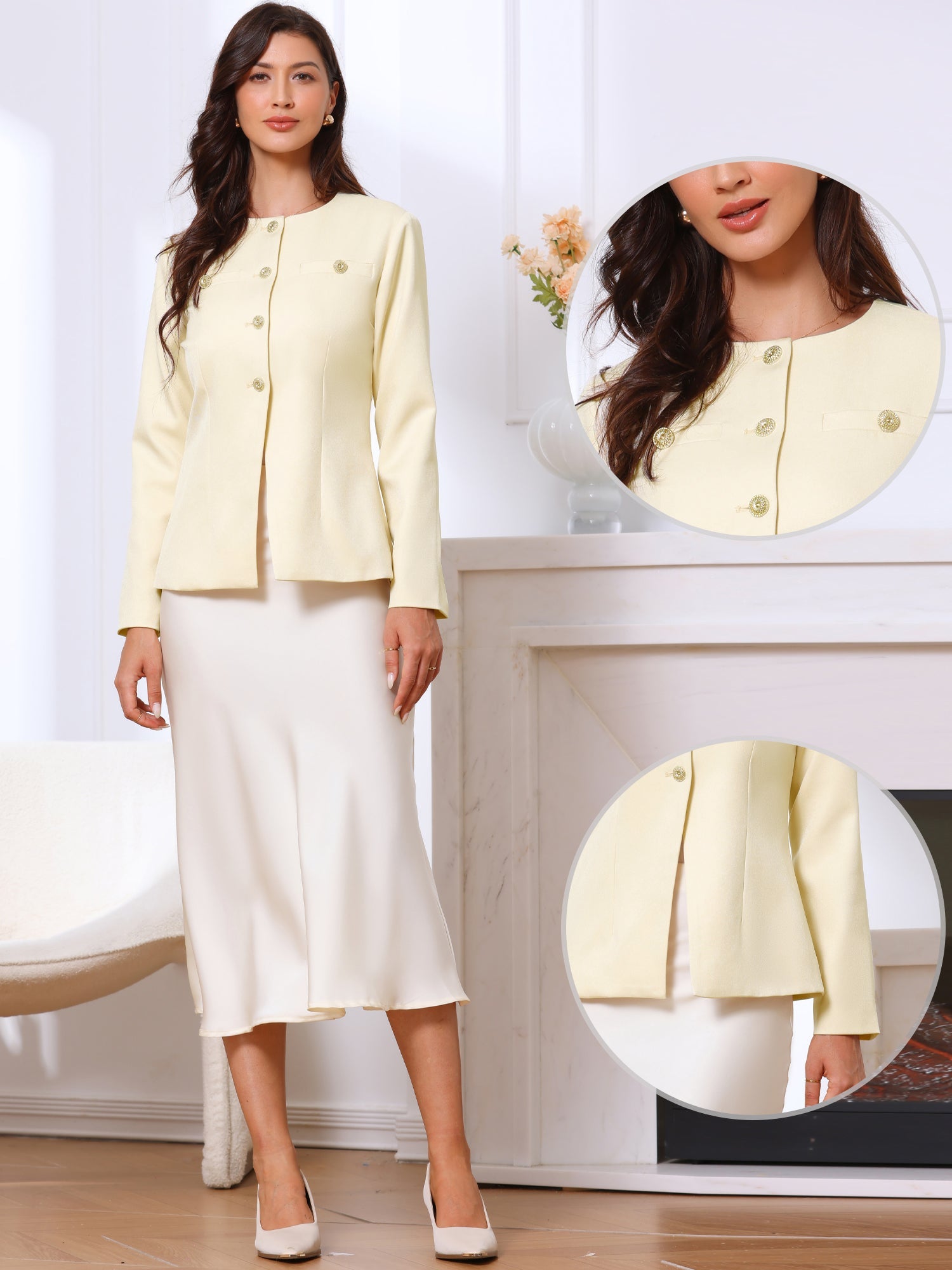 Collarless Button Down Long Sleeve Peplum Jackets