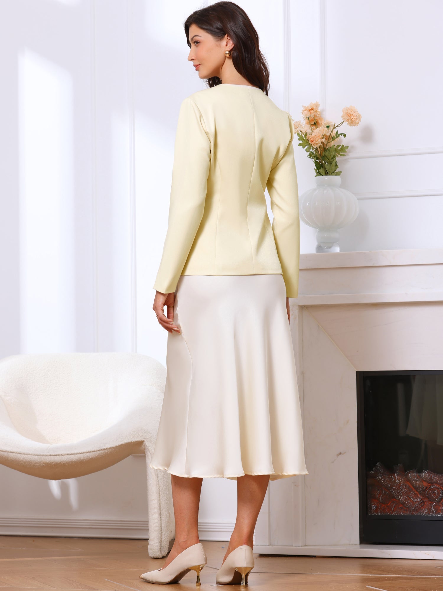 Collarless Button Down Long Sleeve Peplum Jackets