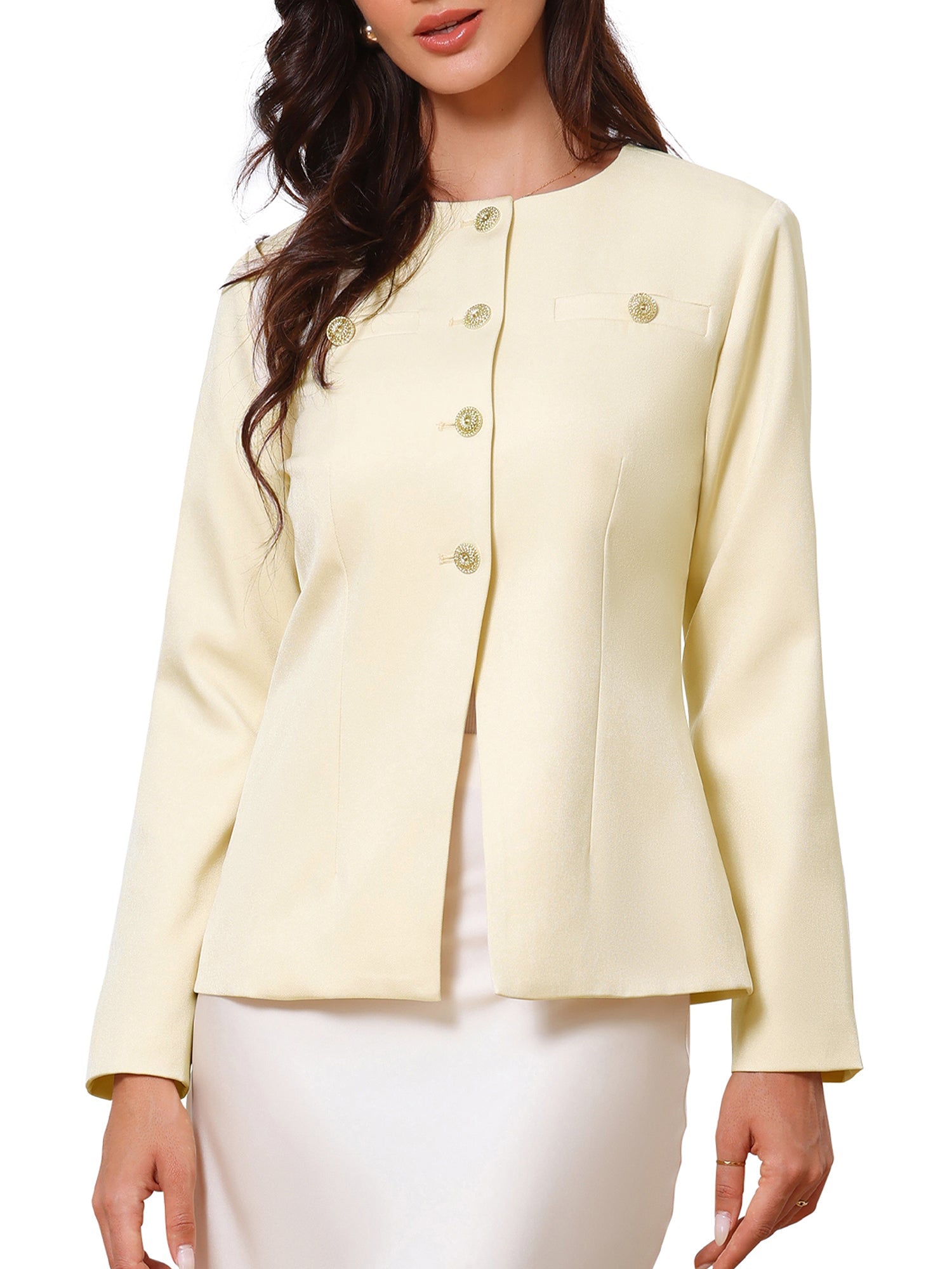 Collarless Button Down Long Sleeve Peplum Jackets