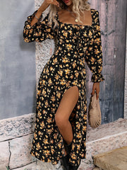 Long Sleeves Lace-Up Floral Slit Midi Dress