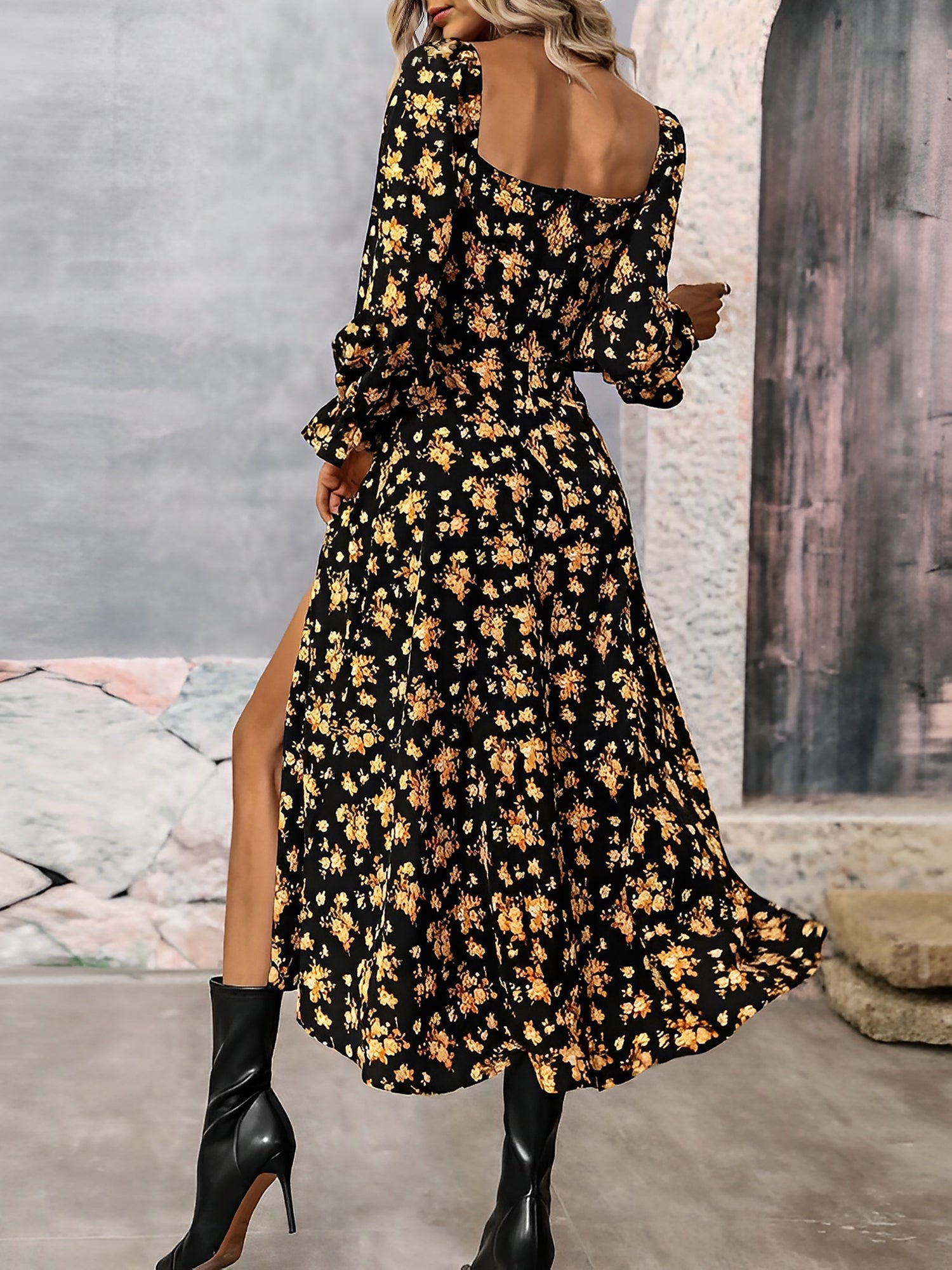 Long Sleeves Lace-Up Floral Slit Midi Dress