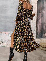 Long Sleeves Lace-Up Floral Slit Midi Dress