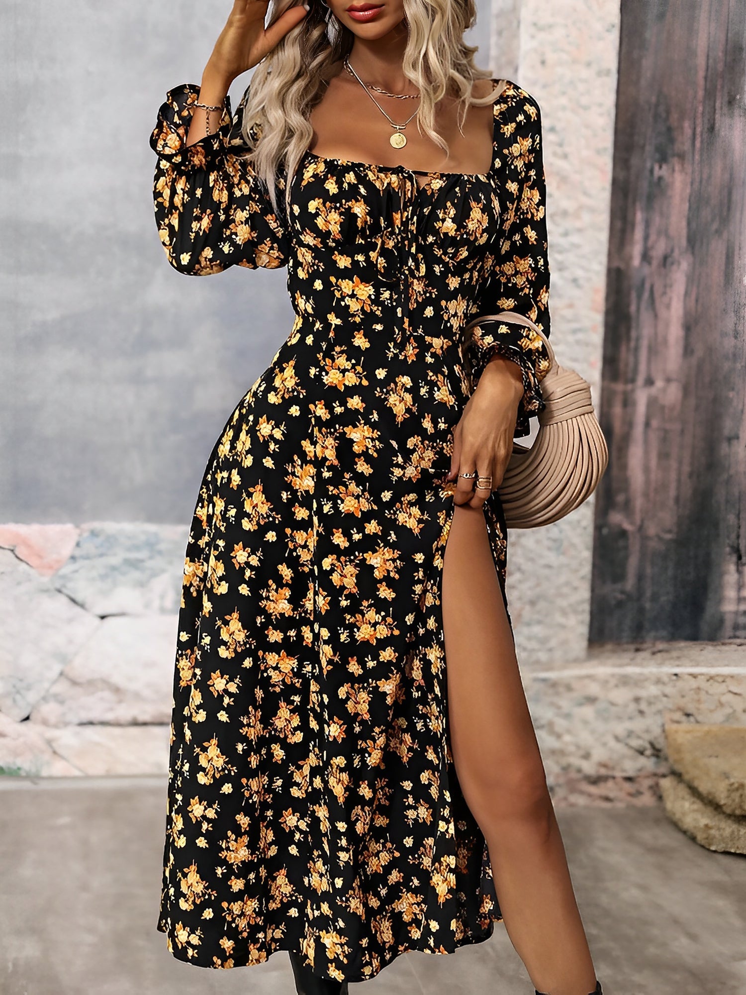 Long Sleeves Lace-Up Floral Slit Midi Dress