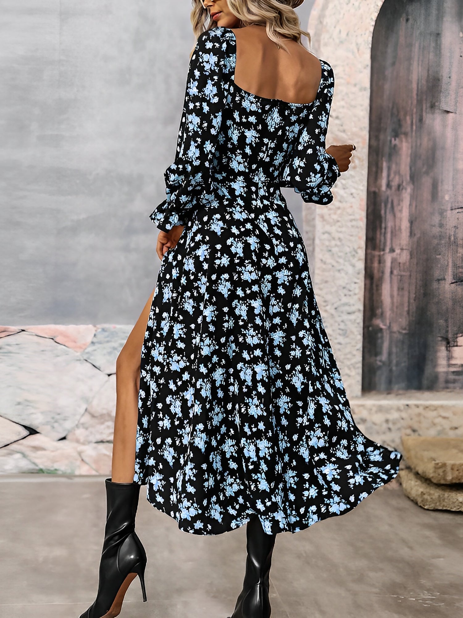 Long Sleeves Lace-Up Floral Slit Midi Dress