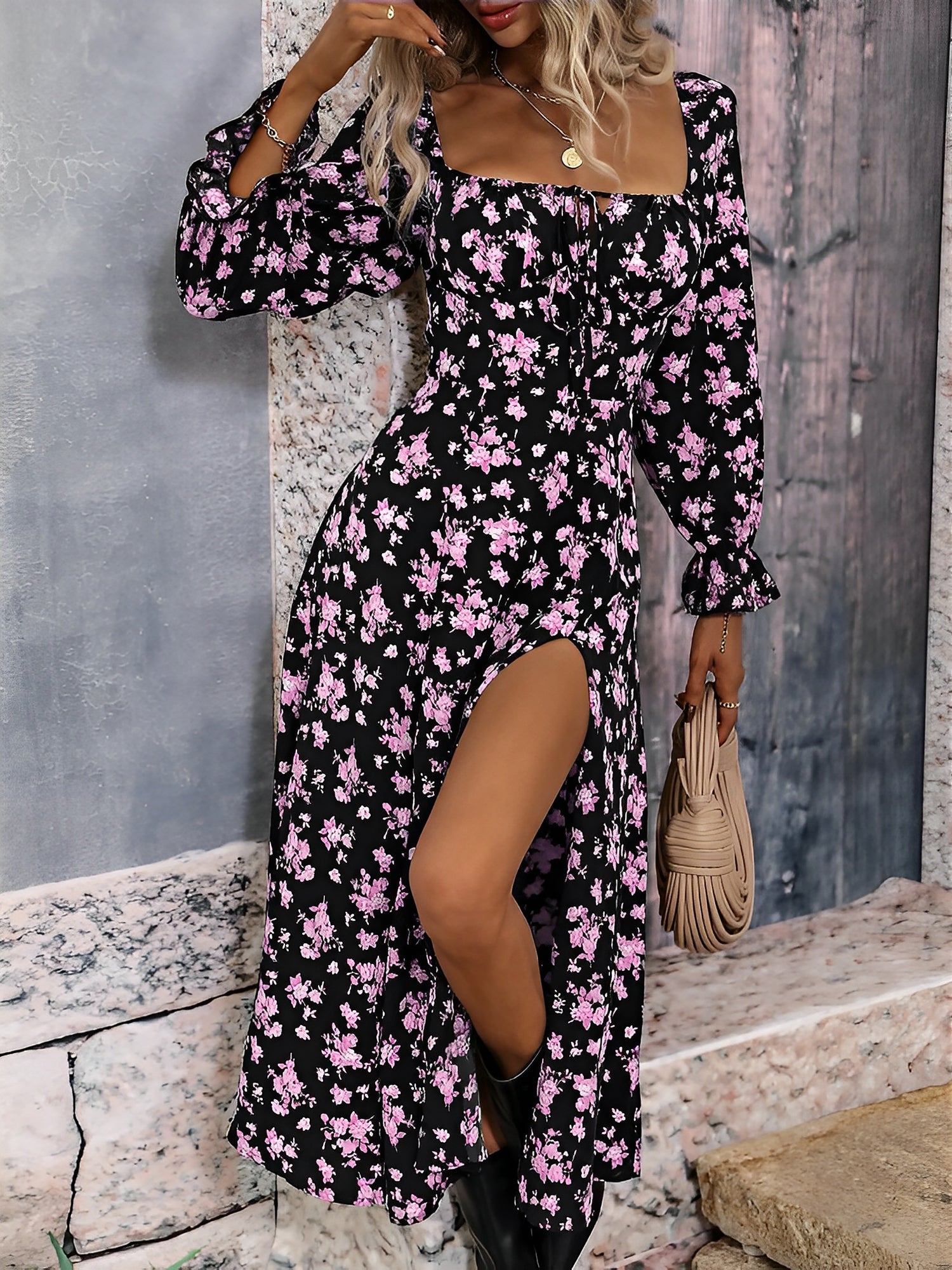 Long Sleeves Lace-Up Floral Slit Midi Dress