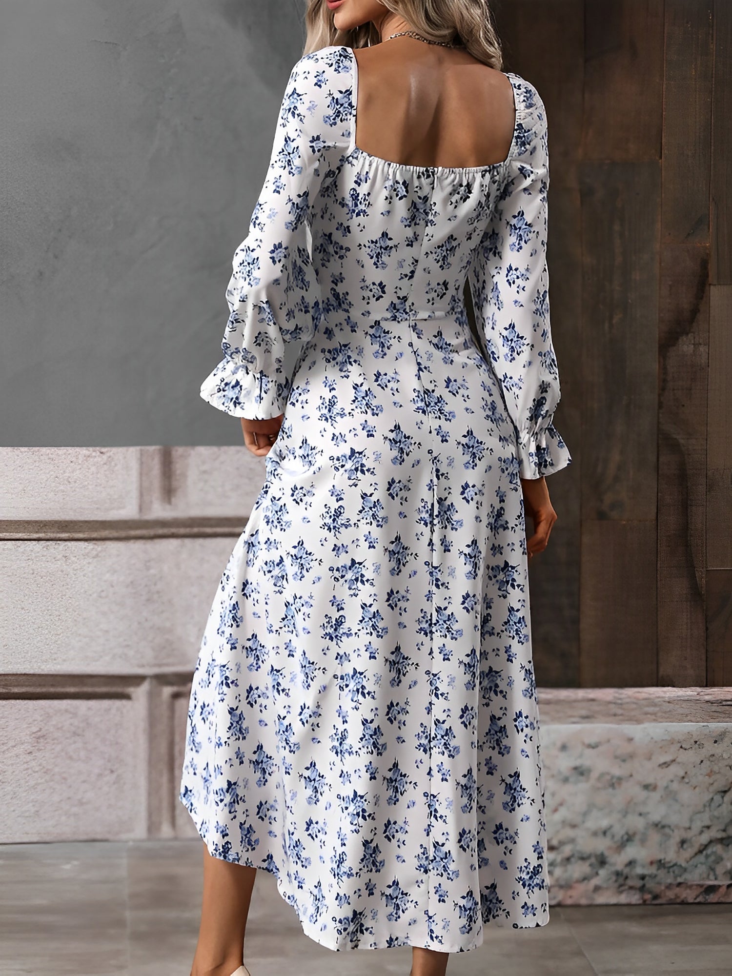 Long Sleeves Lace-Up Floral Slit Midi Dress