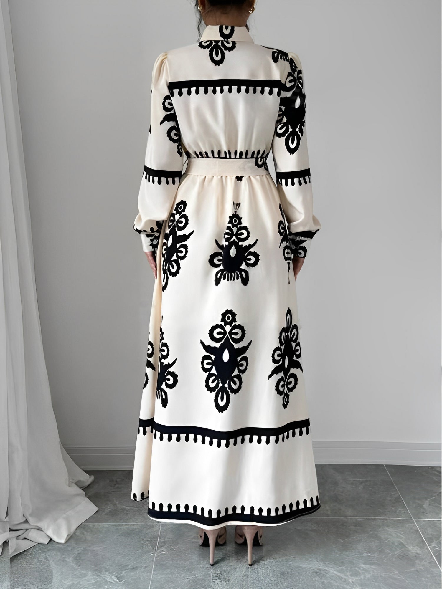 Lantern Long Sleeve Collar Boho Print Maxi Dress