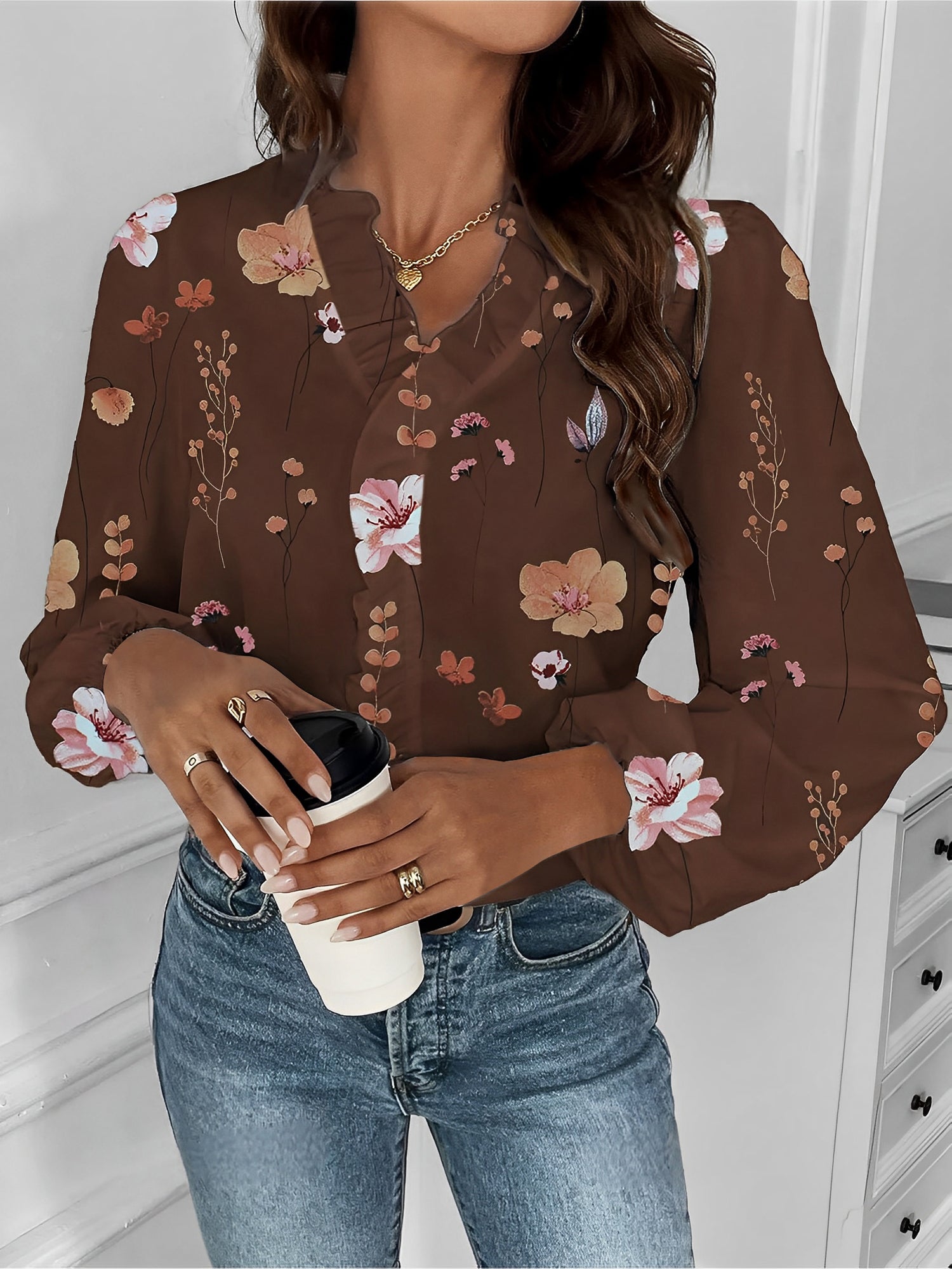 Breathable Chiffon Floral Ruffled V Neck Long Sleeves Work & Brunch Blouse