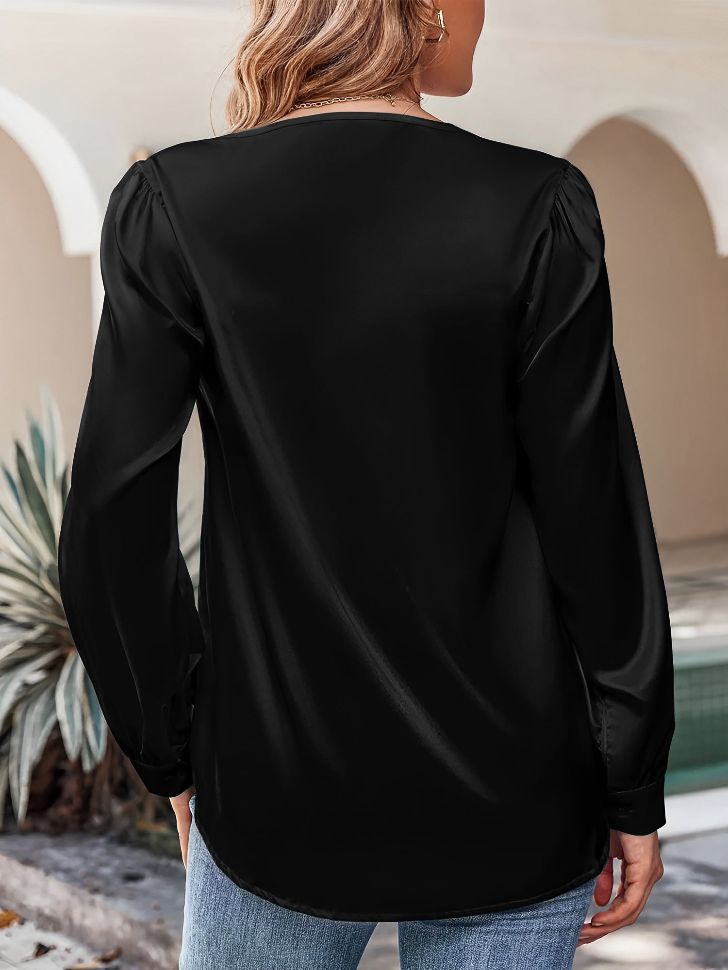 Satin Puff Long Sleeve V Neck Casual Blouse