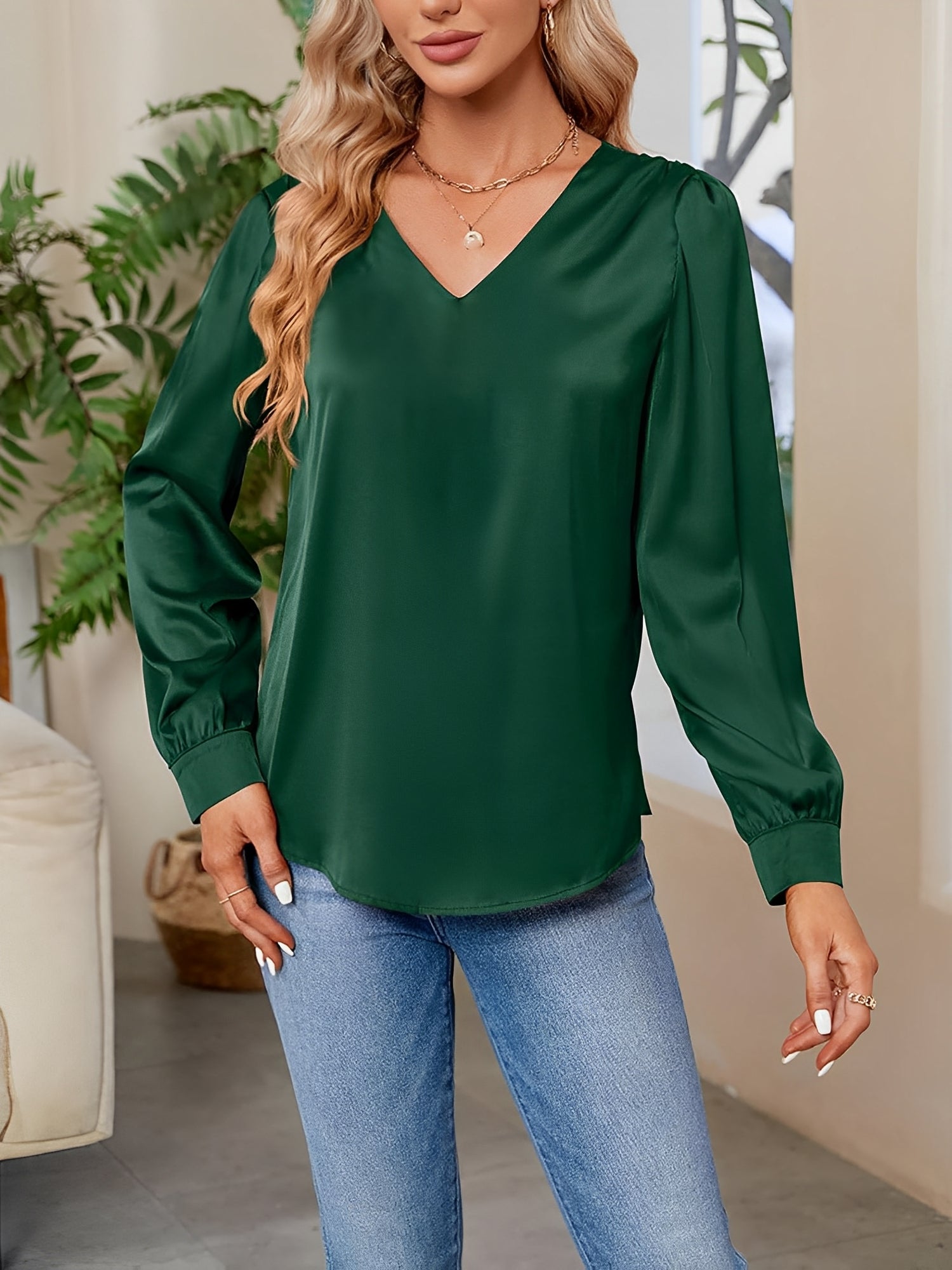 Satin Puff Long Sleeve V Neck Casual Blouse
