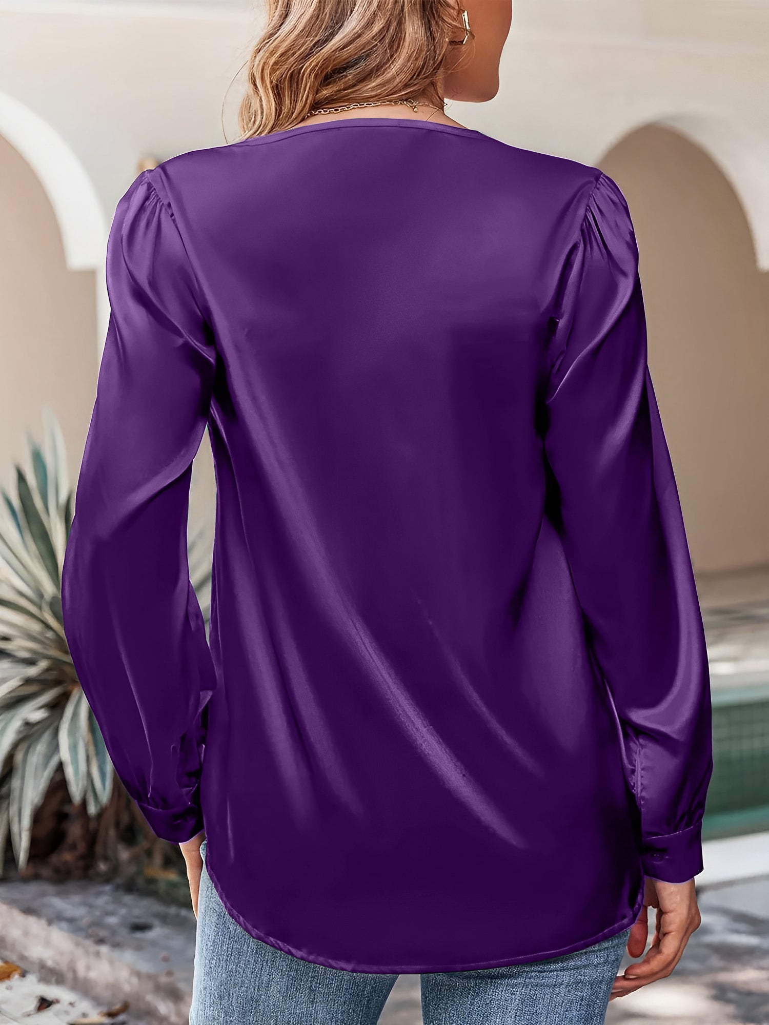 Satin Puff Long Sleeve V Neck Casual Blouse