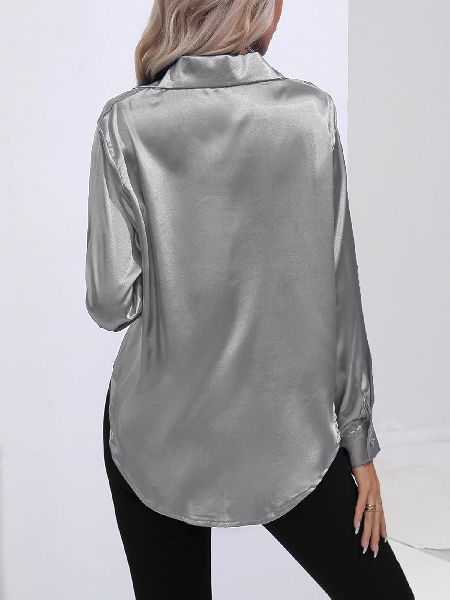 Versatile Collared Satin Solid Color Button Front Lapel Adjustable Cuffs Shirt