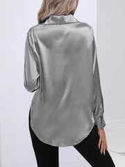 Versatile Collared Satin Solid Color Button Front Lapel Adjustable Cuffs Shirt