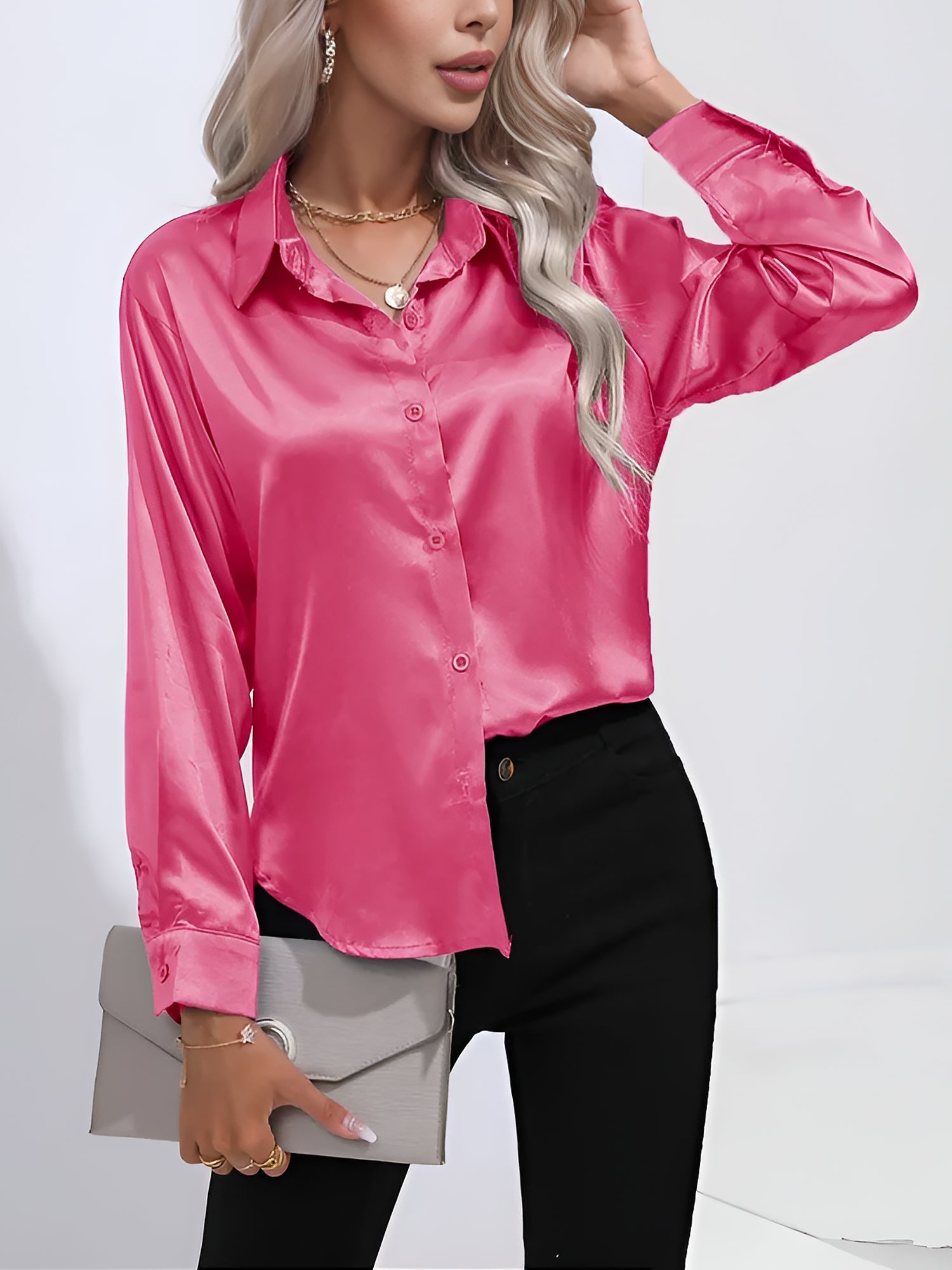 Versatile Collared Satin Solid Color Button Front Lapel Adjustable Cuffs Shirt
