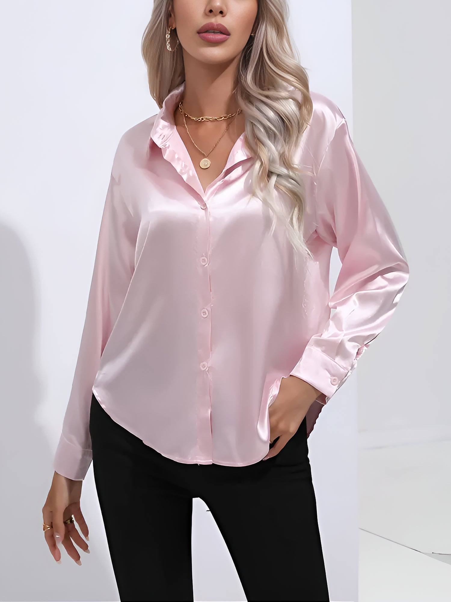 Versatile Collared Satin Solid Color Button Front Lapel Adjustable Cuffs Shirt