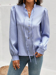 Striped Lace-Up Puff Long Sleeves Casual Blouse