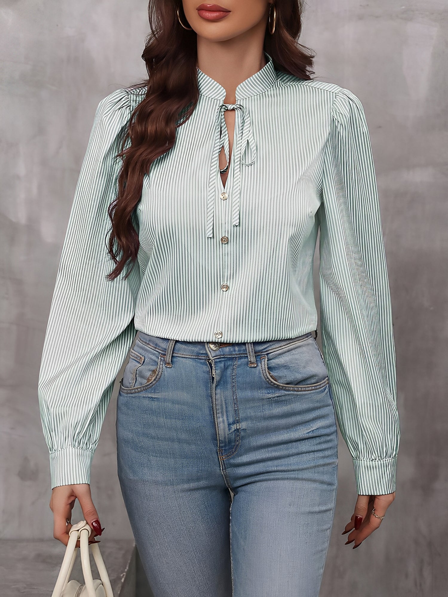 Striped Lace-Up Puff Long Sleeves Casual Blouse