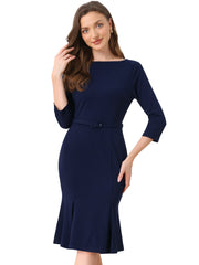 Business Elegant Boat Neck Half Sleeve Pleated Midi Solid Dress