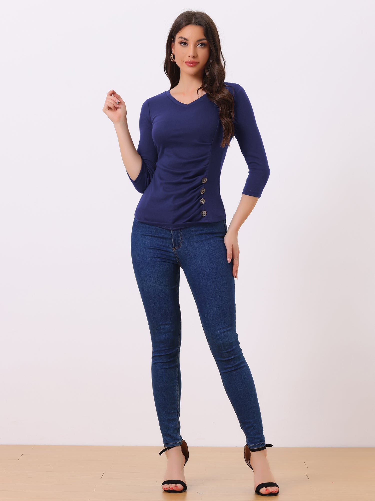 V Neck 3/4 Sleeves Solid Knitted Button Decor Ruched Blouse