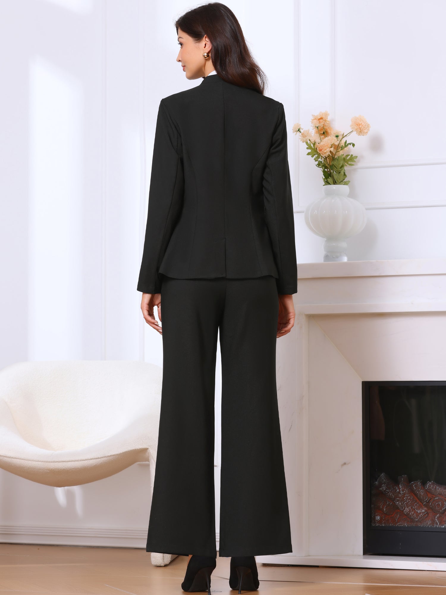 2 Piece Collarless One Button Blazer & Bell Bottom Pants Business Suit Set