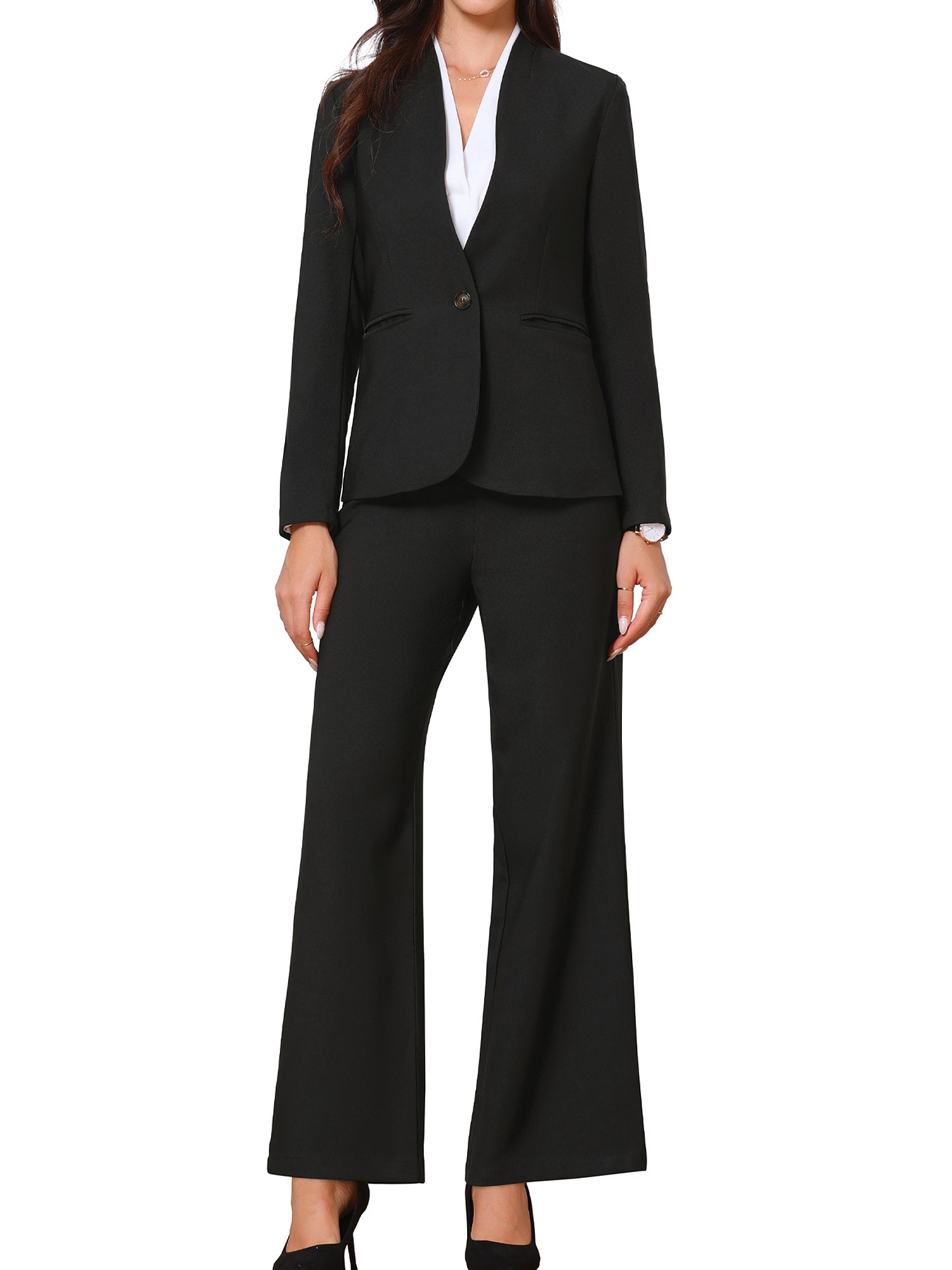 2 Piece Collarless One Button Blazer & Bell Bottom Pants Business Suit Set