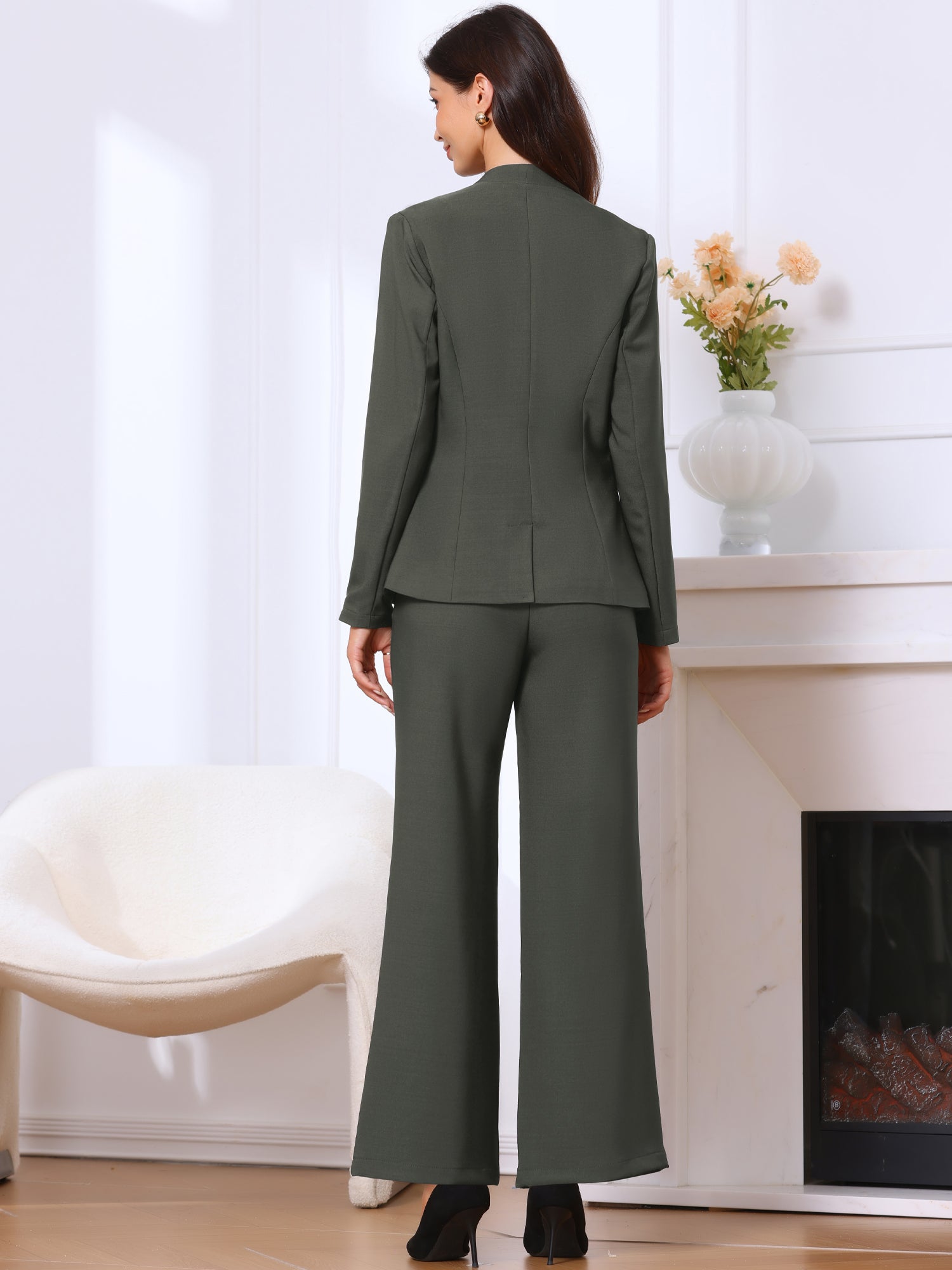 2 Piece Collarless One Button Blazer & Bell Bottom Pants Business Suit Set
