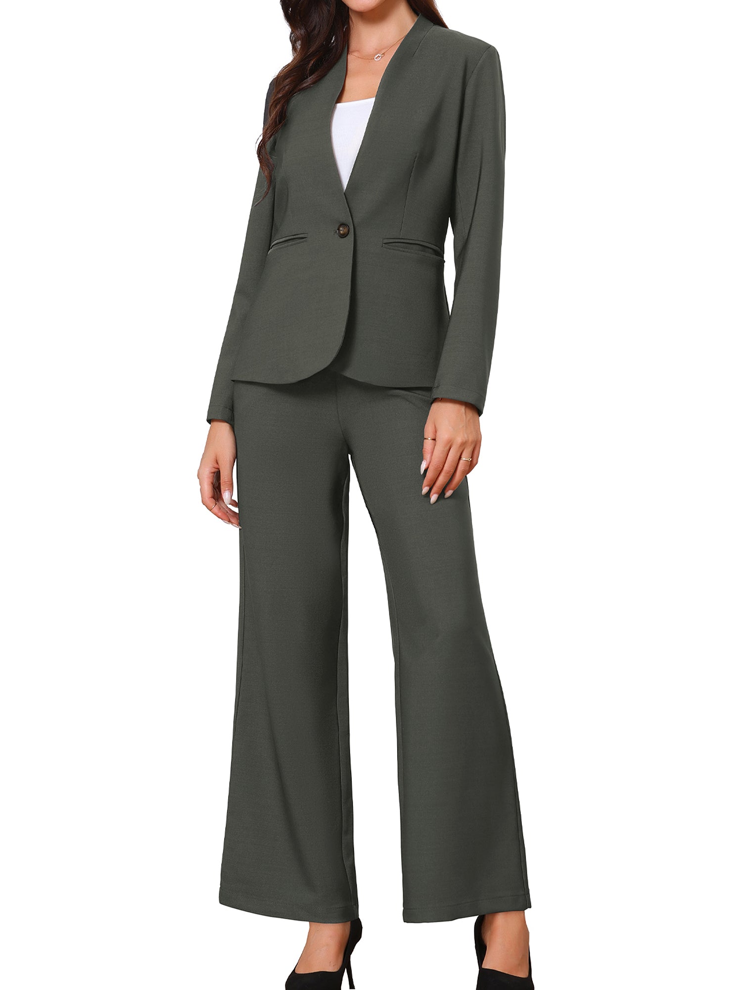 2 Piece Collarless One Button Blazer & Bell Bottom Pants Business Suit Set