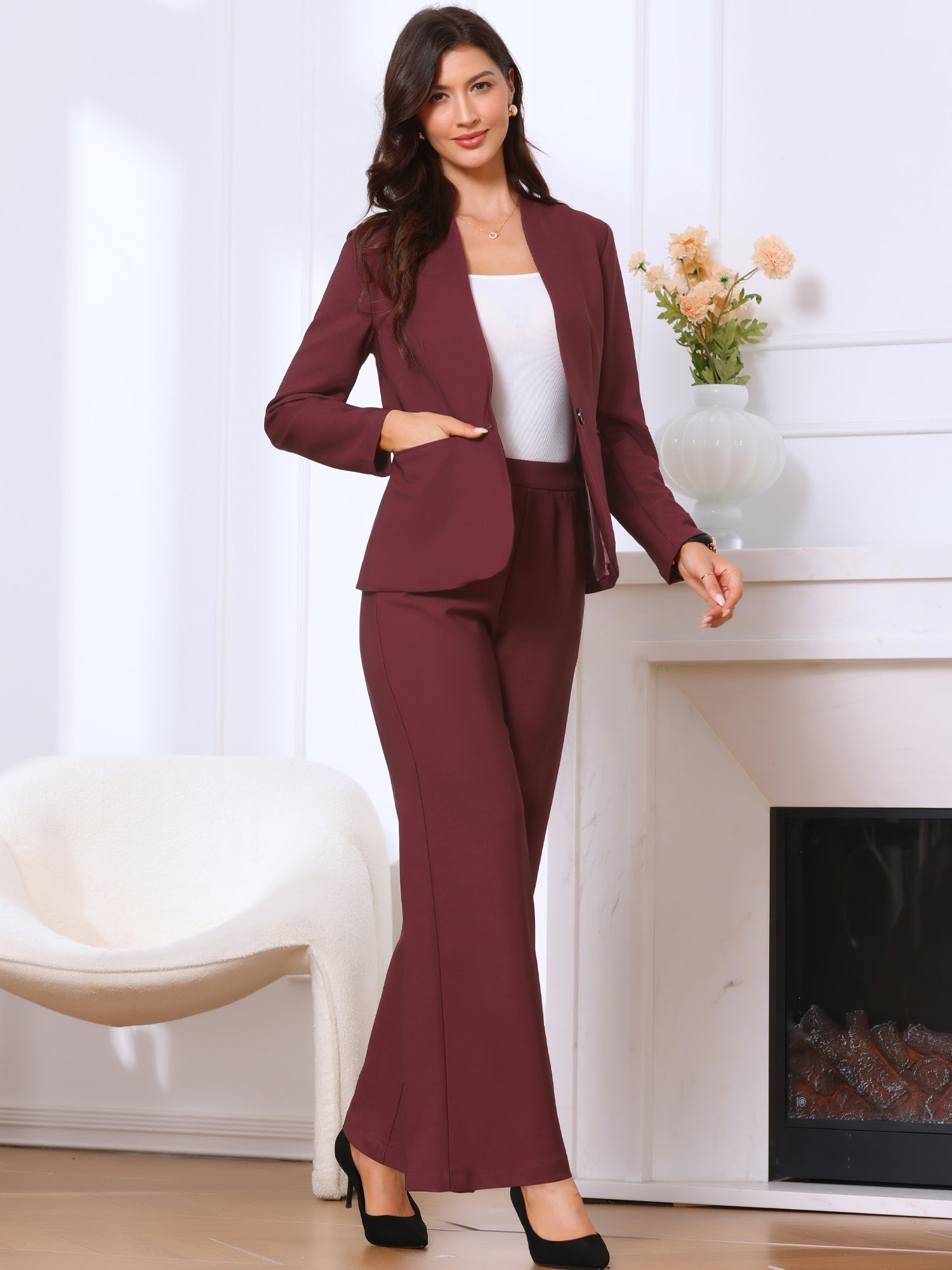 2 Piece Collarless One Button Blazer & Bell Bottom Pants Business Suit Set