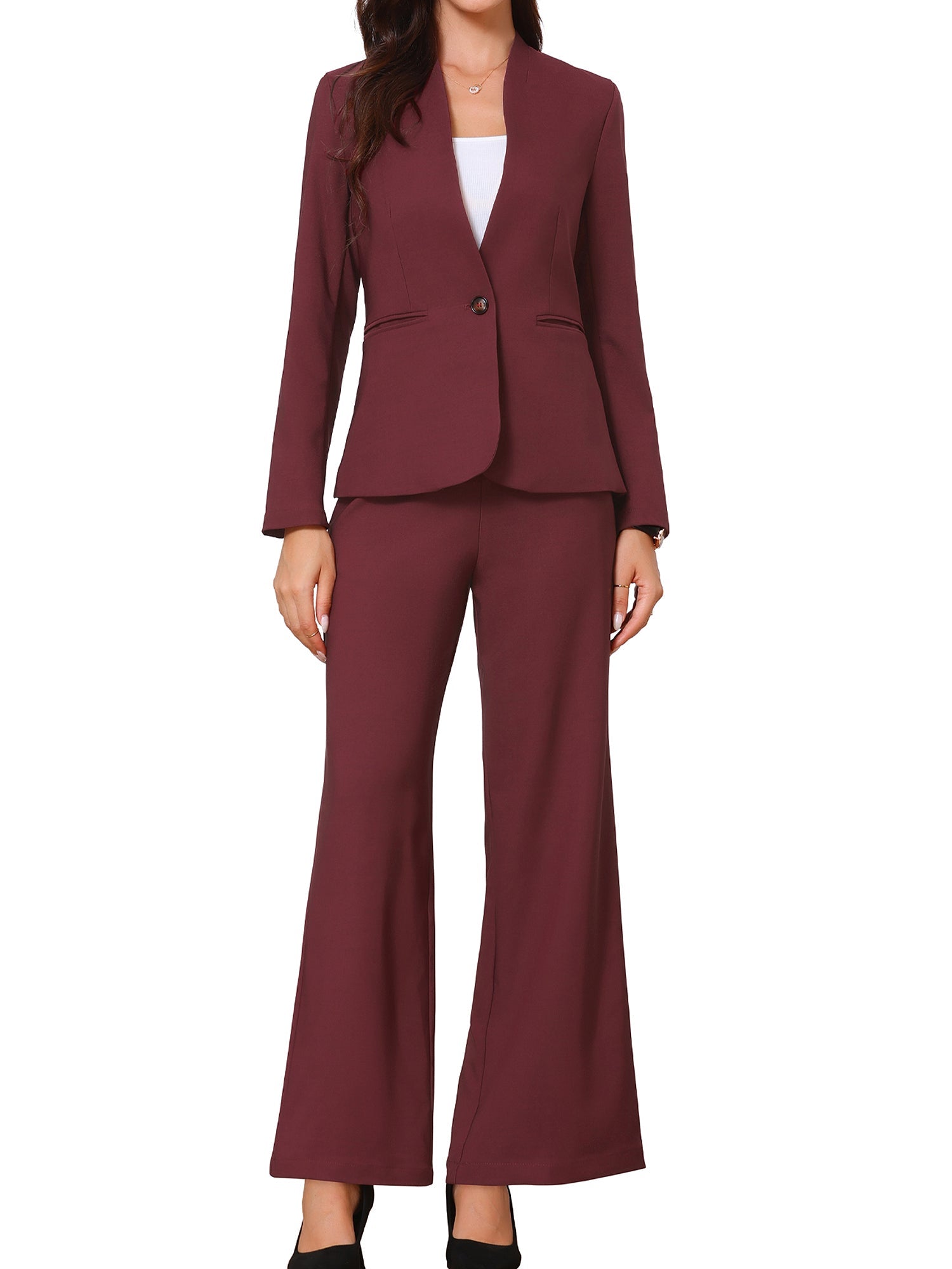 2 Piece Collarless One Button Blazer & Bell Bottom Pants Business Suit Set