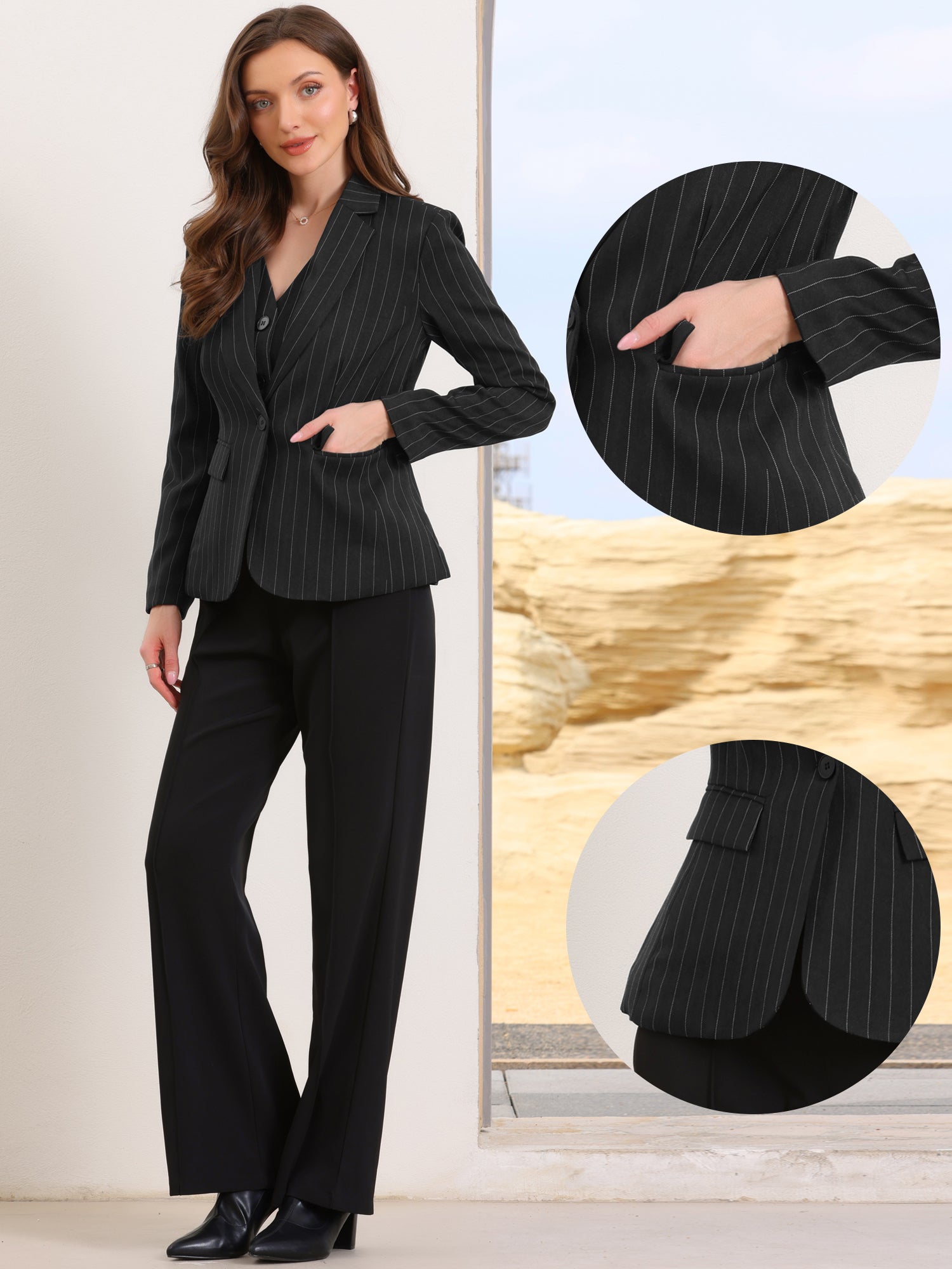 Notched Lapel One Button Long Sleeve Work Office Striped Blazer
