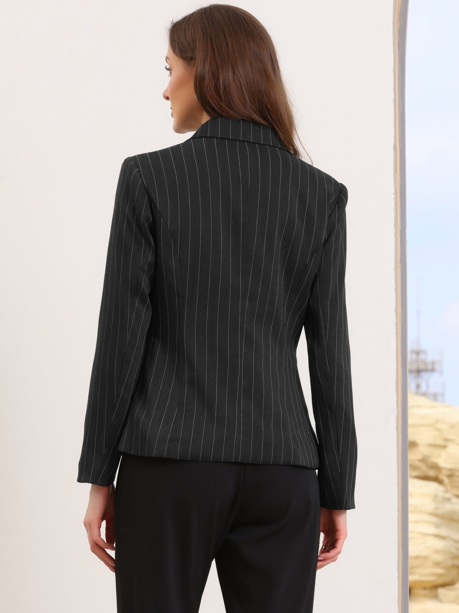 Notched Lapel One Button Long Sleeve Work Office Striped Blazer
