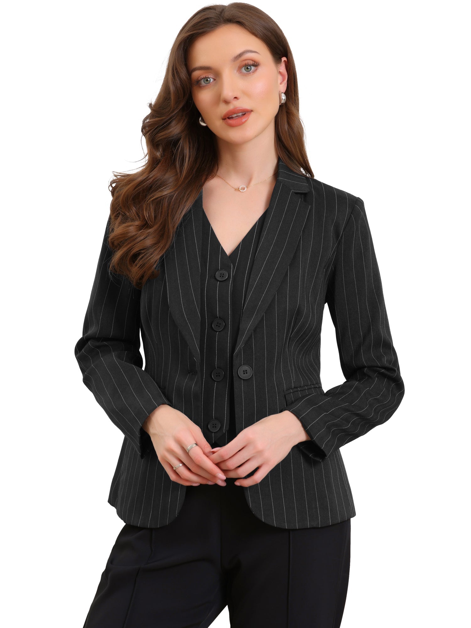 Notched Lapel One Button Long Sleeve Work Office Striped Blazer