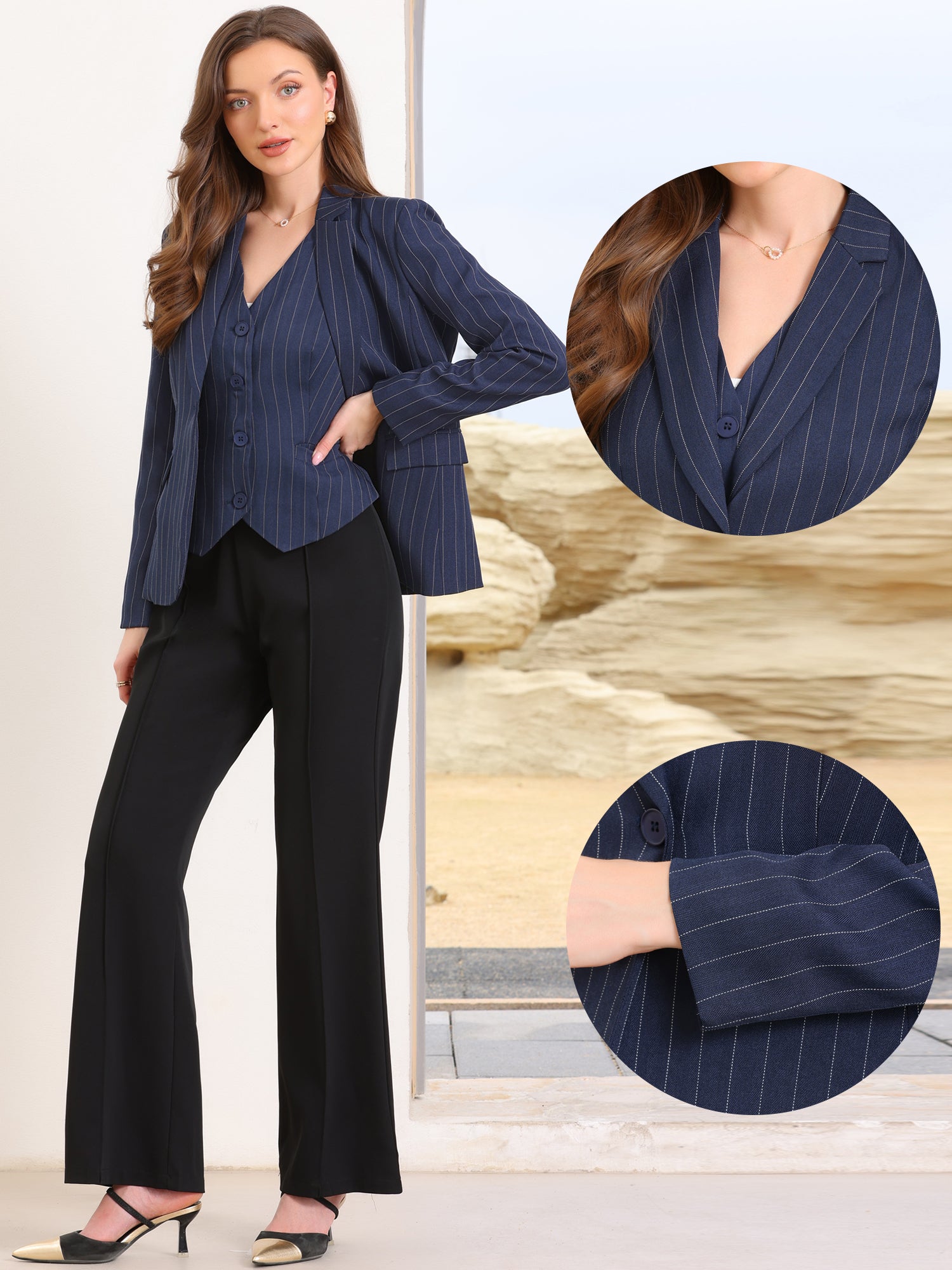 Notched Lapel One Button Long Sleeve Work Office Striped Blazer