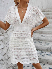 V Neck Eyelet Sheer Knitted Beach Dress Cover Ups