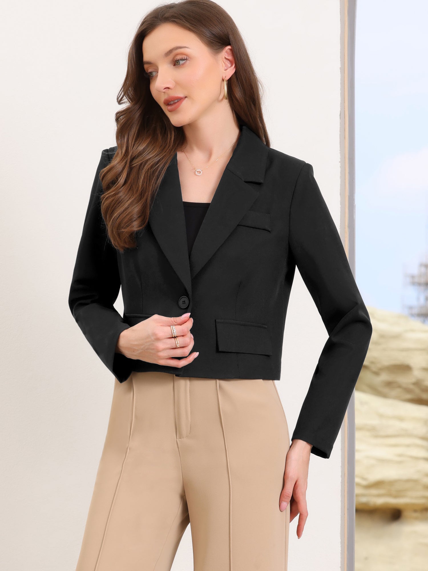 Lapel Collar Work Office Long Sleeve Cropped Blazer