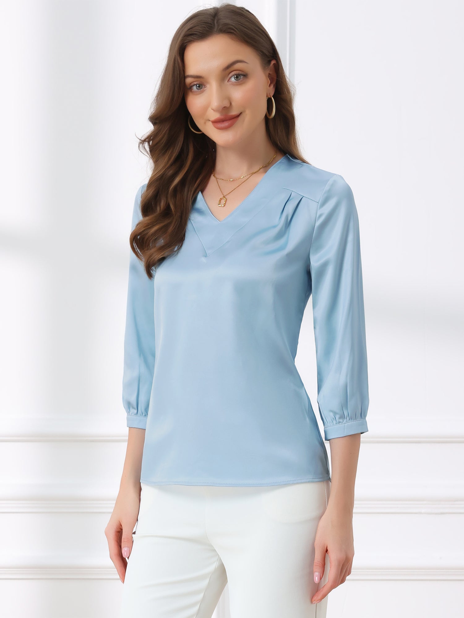 Casual Office Blouse 3/4 Sleeve V Neck Satin Shirt