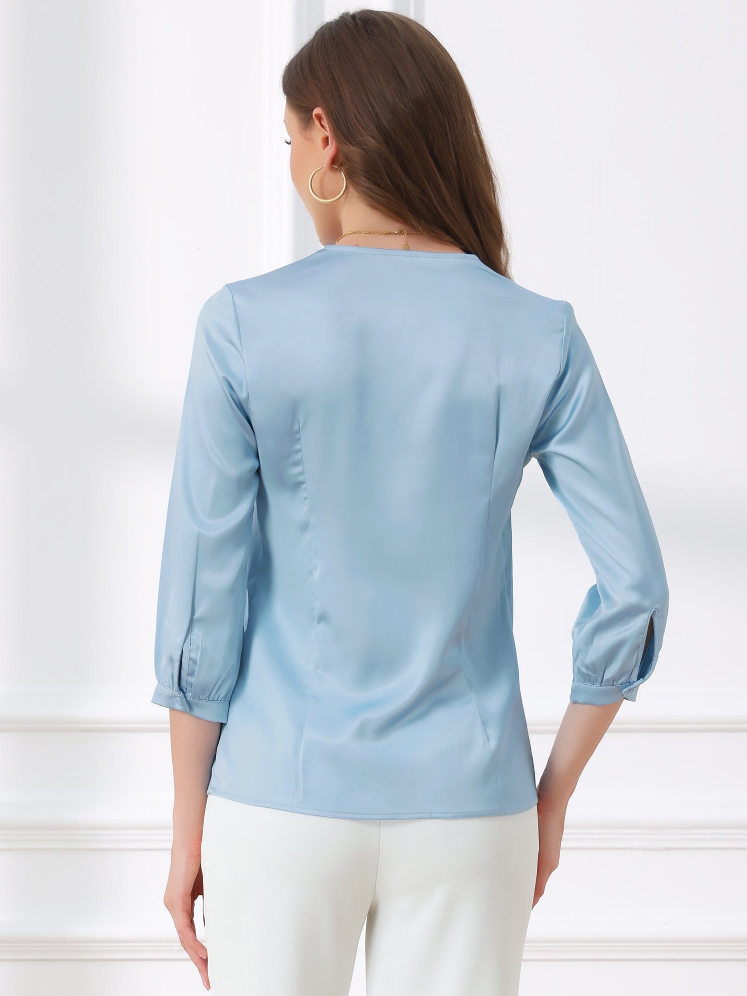 Casual Office Blouse 3/4 Sleeve V Neck Satin Shirt