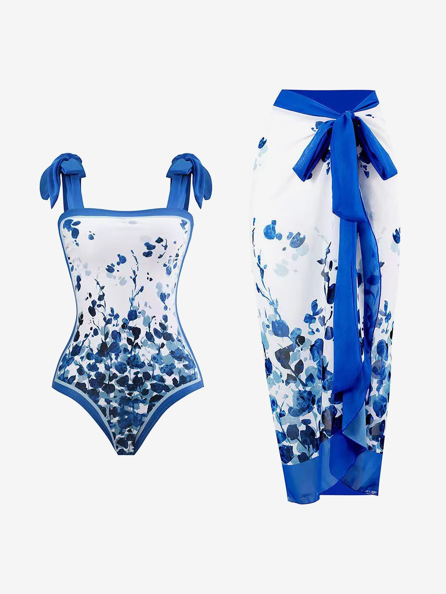 2 Pieces Printed Lace- Up Swimsuit & Wrap Maxi Skirt Cover Ups Set