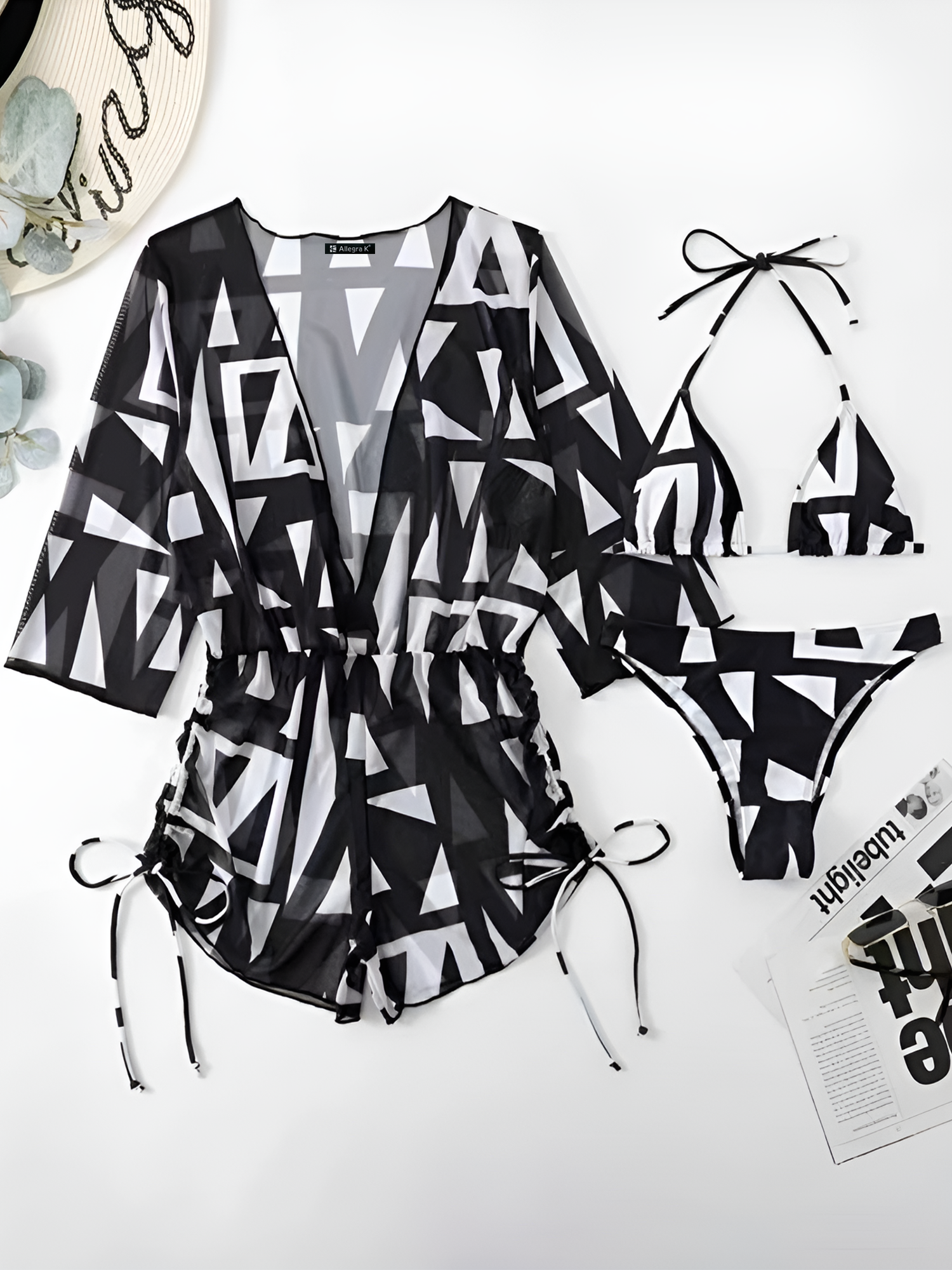 3 Pieces Halter Lace-Up Bikinis & Printed Beach Cover Ups Set