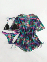 3 Pieces Halter Lace-Up Bikinis & Printed Beach Cover Ups Set
