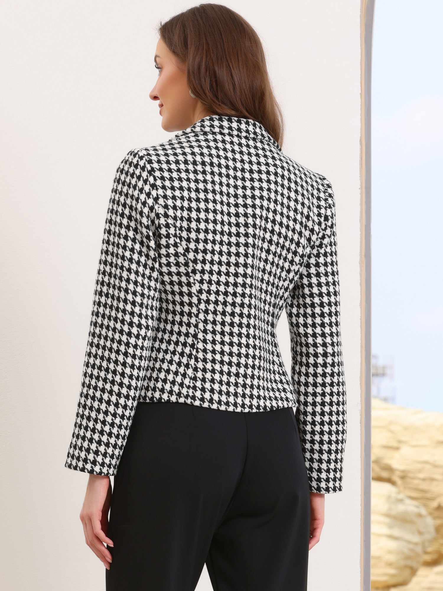 Notch Lapel Houndstooth Buttons Work Long Sleeves Blazer