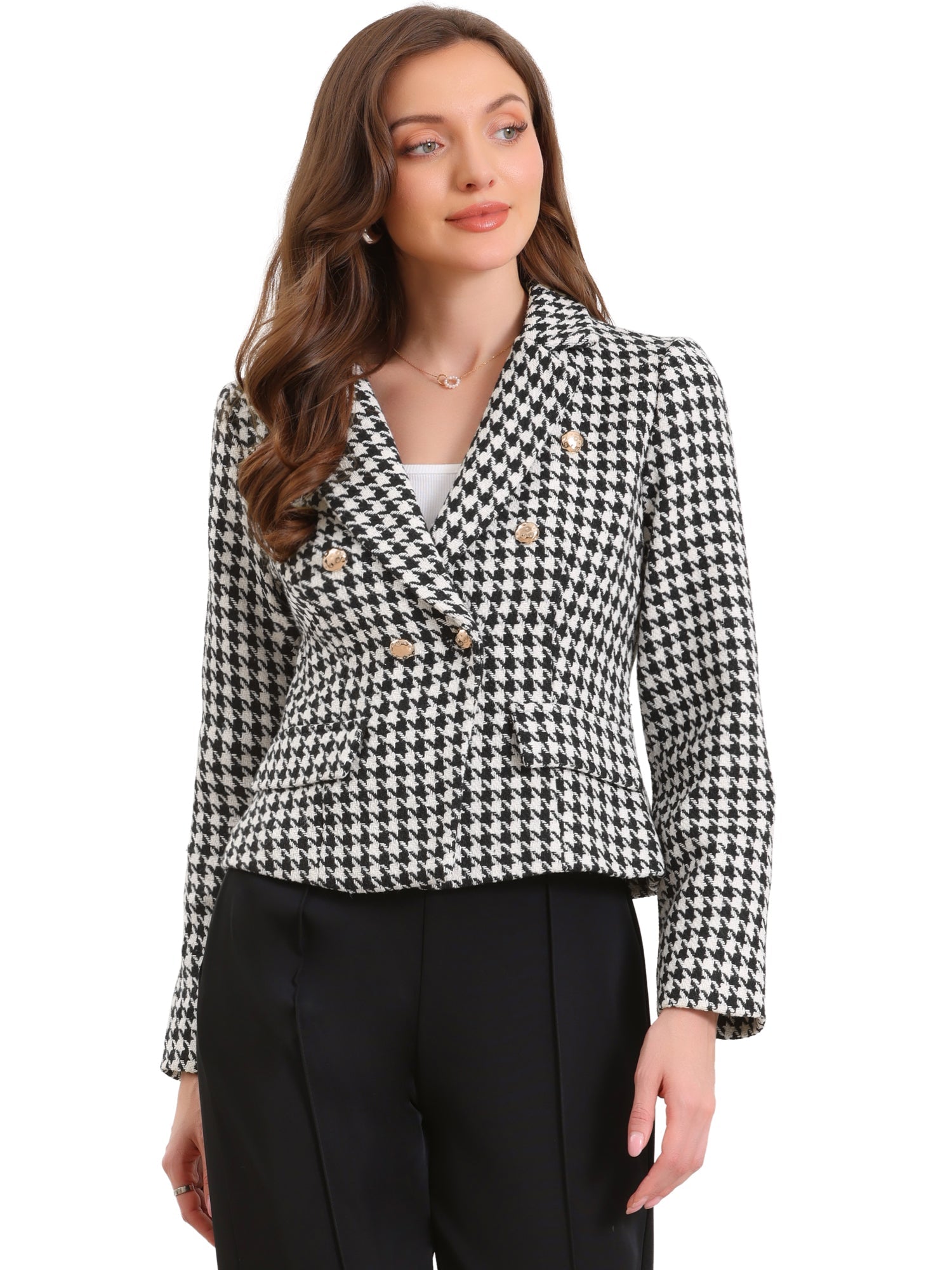 Notch Lapel Houndstooth Buttons Work Long Sleeves Blazer