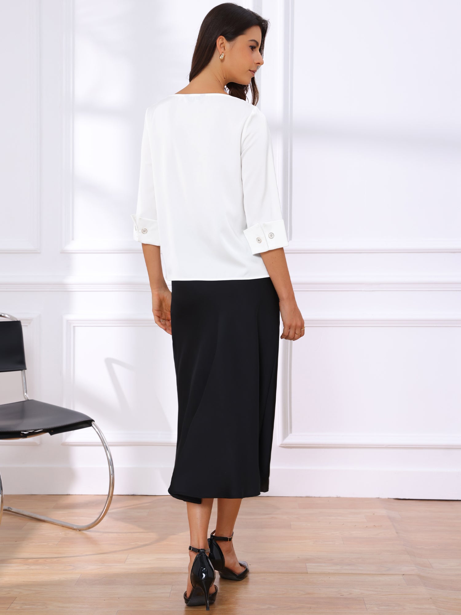 Dressy Casual Boat Neck 3/4 Sleeve Work Satin Blouse
